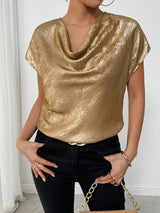 SHEIN Rafferiza Gold Foil Fabric Flowy Collar Women's Party Elegant Blouse Top