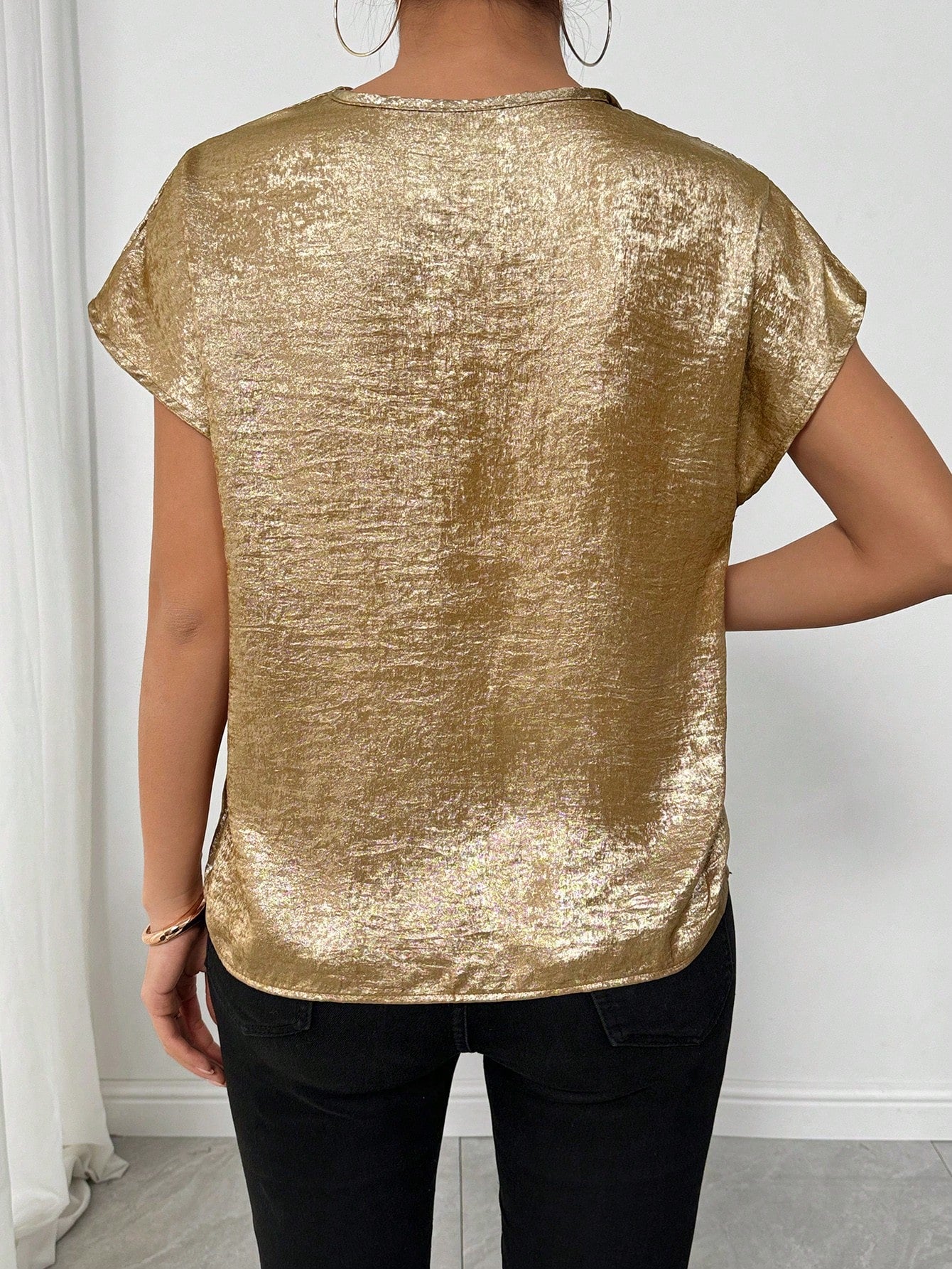 SHEIN Rafferiza Gold Foil Fabric Flowy Collar Women's Party Elegant Blouse Top