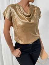 SHEIN Rafferiza Gold Foil Fabric Flowy Collar Women's Party Elegant Blouse Top