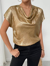SHEIN Rafferiza Gold Foil Fabric Flowy Collar Women's Party Elegant Blouse Top