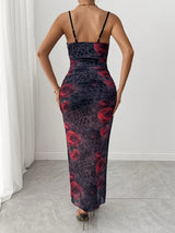 SHEIN Rafferiza Mesh Rose & Leopard Print Ruffle Midi Dress