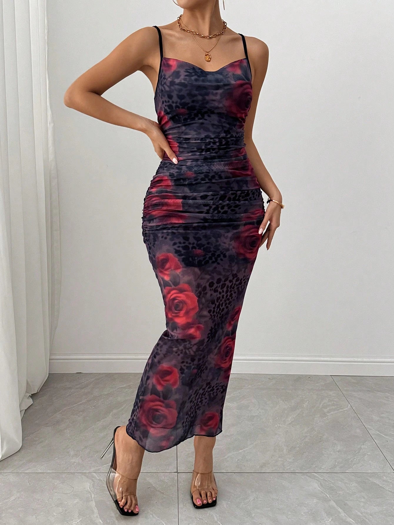 SHEIN Rafferiza Mesh Rose & Leopard Print Ruffle Midi Dress