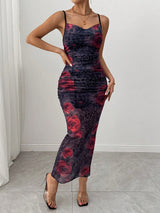 SHEIN Rafferiza Mesh Rose & Leopard Print Ruffle Midi Dress