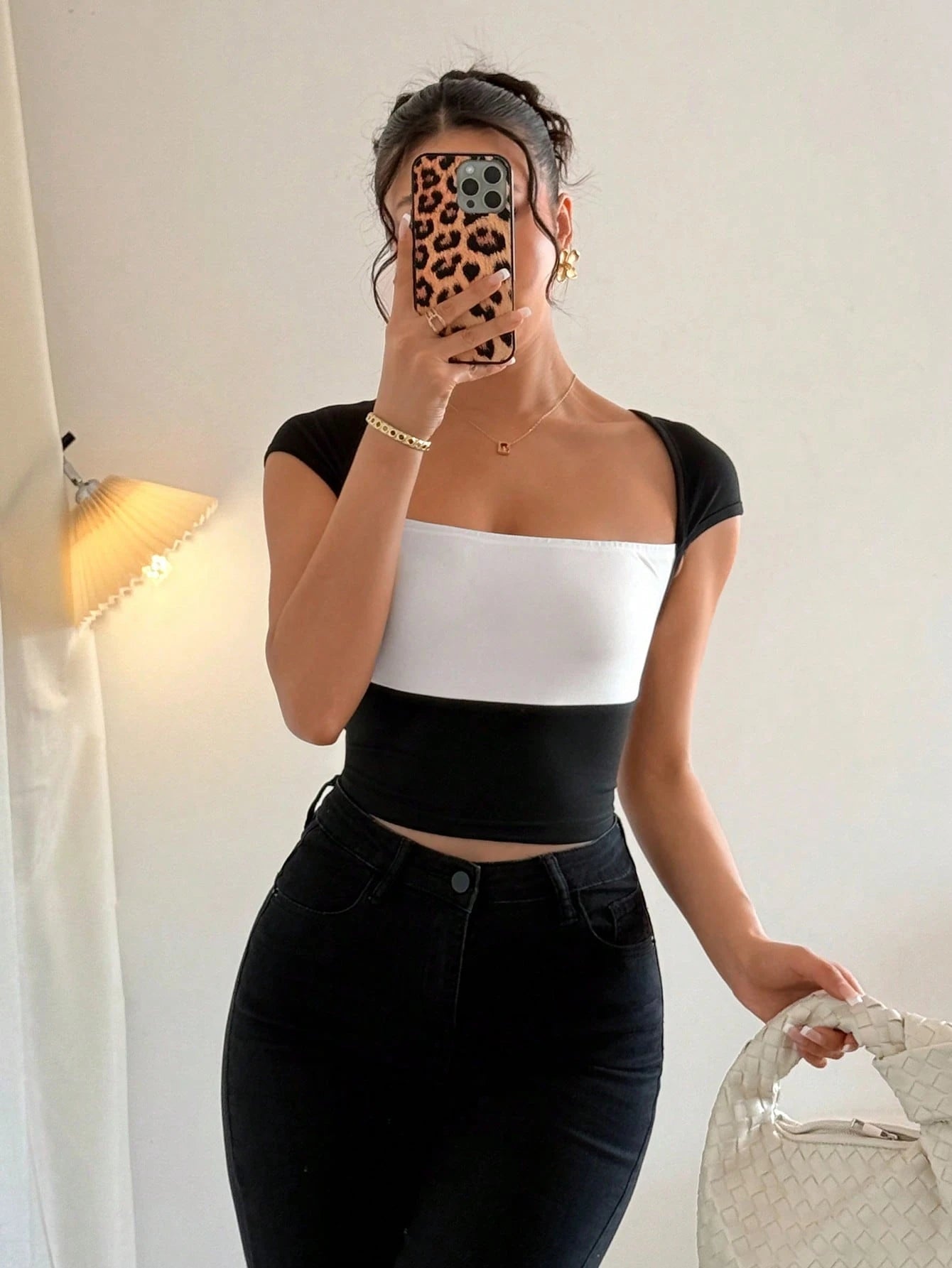 SHEIN Rafferiza Summer Casual Contrast Color Block Slim Fit Cropped T-Shirt