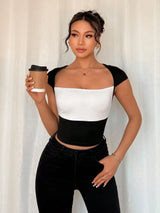 SHEIN Rafferiza Summer Casual Contrast Color Block Slim Fit Cropped T-Shirt