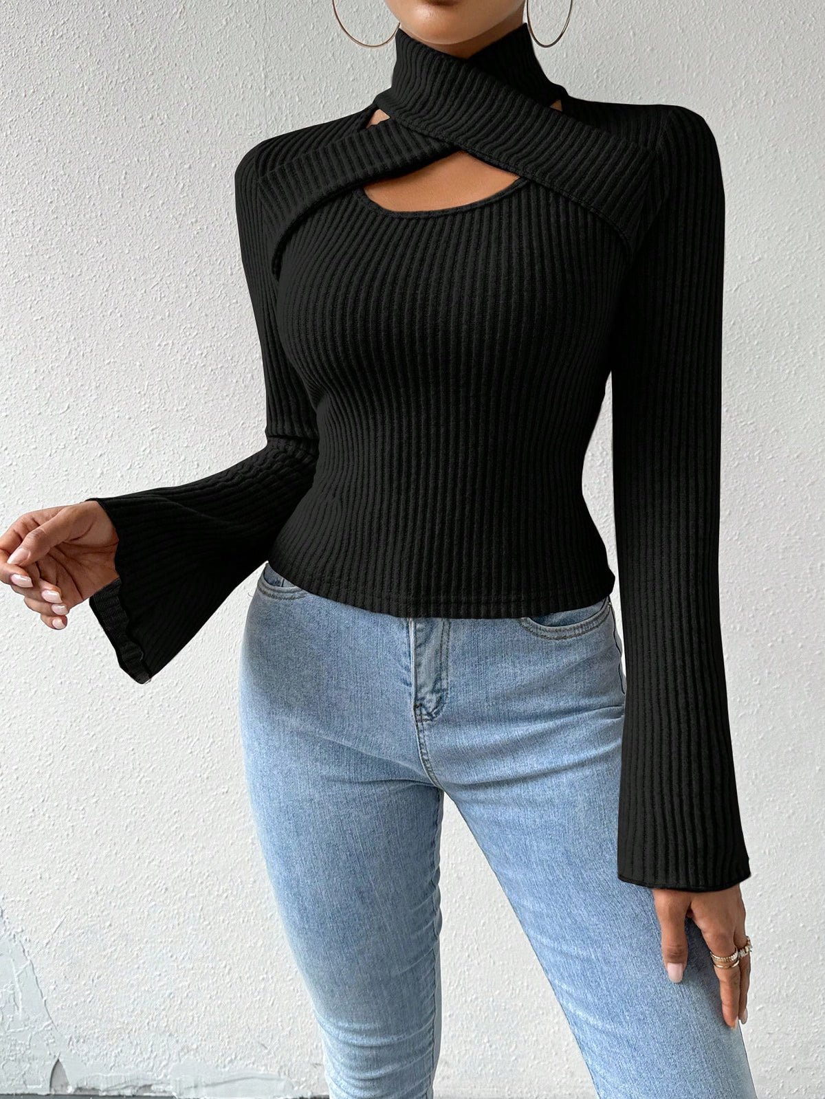 SHEIN RosyDaze Flared Long Sleeve Hollow Out Top Fall Cloth For Women