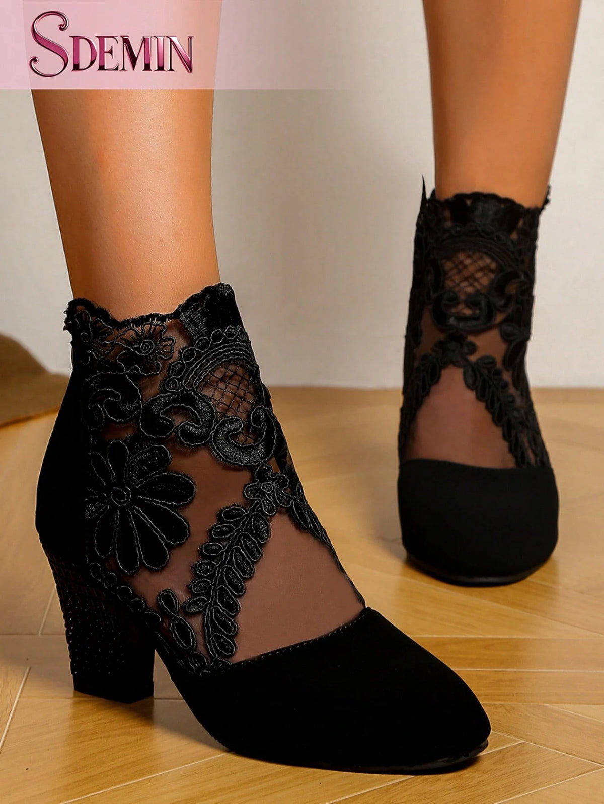 SHEIN SDEMIN Early Autumn And Winter Daily Wear Floral Print Lace Ankle Boots