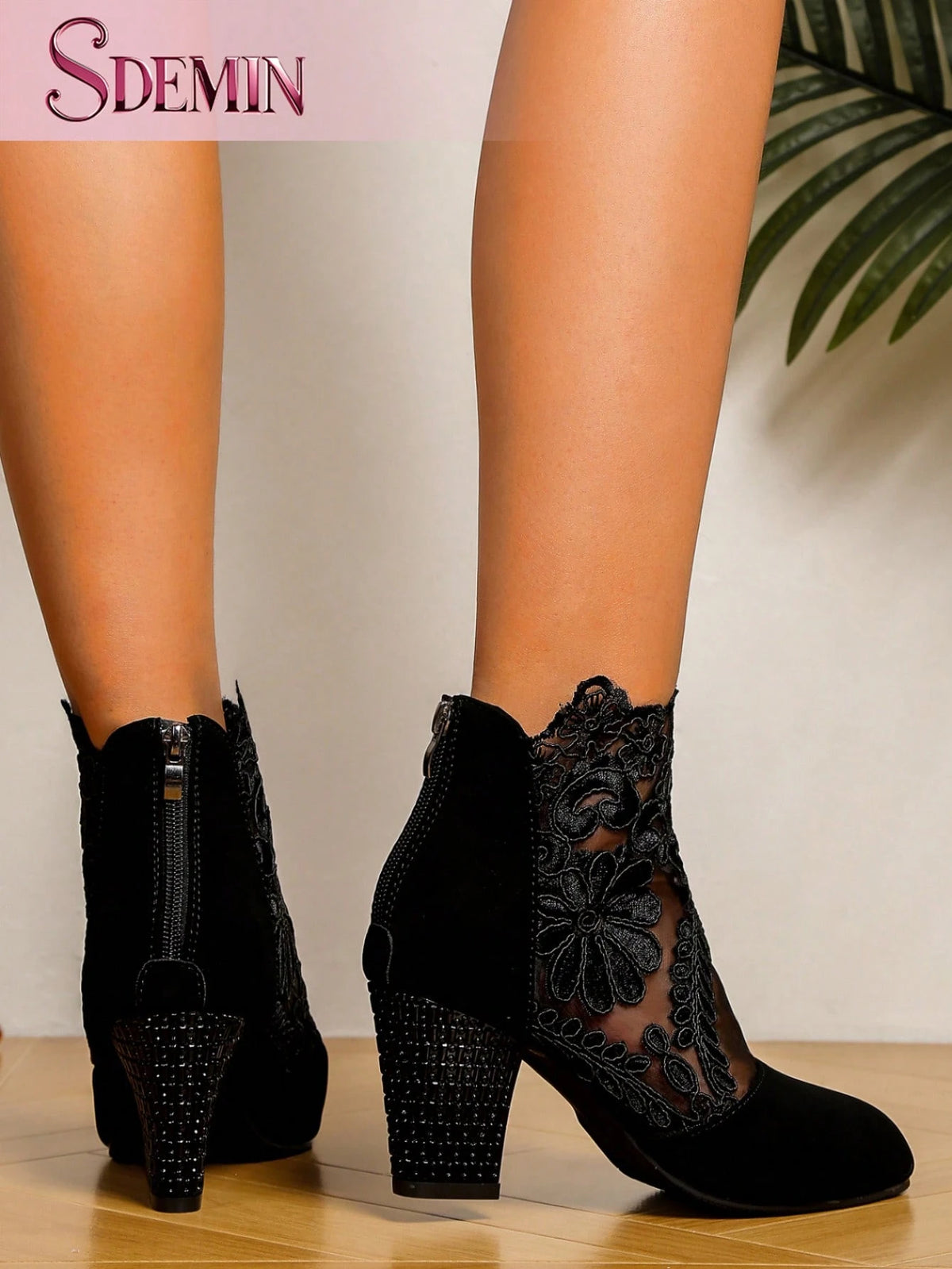 SHEIN SDEMIN Early Autumn And Winter Daily Wear Floral Print Lace Ankle Boots