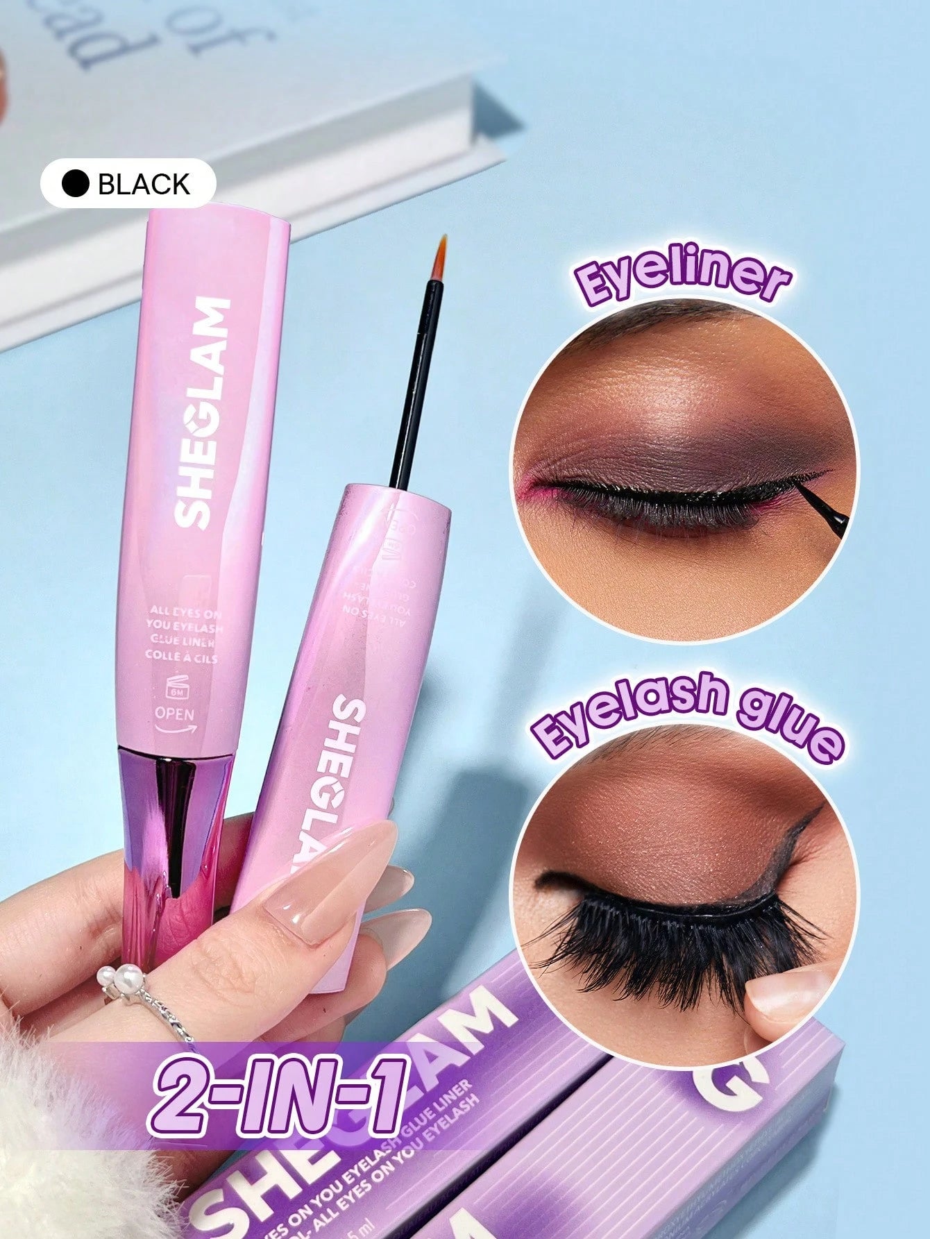 غراء الرموش SHEGLAM All Eyes On You - أسود، 2 في 1، كحل سائل مقاوم للماء، غراء للرموش الصناعية