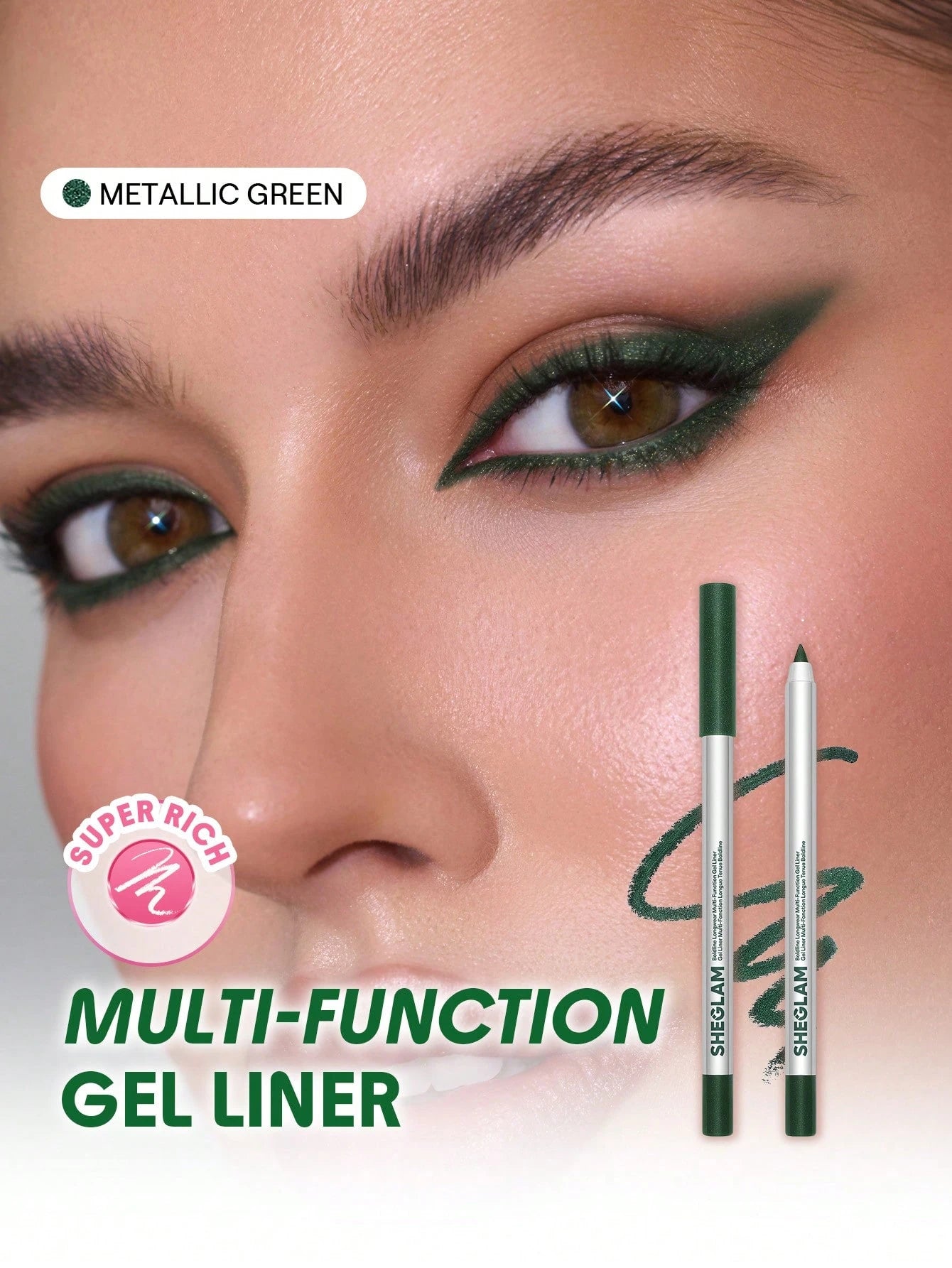 Advertisement for Super Rich Multi-Function Gel Liner with a close-up of eyes and product packaging.