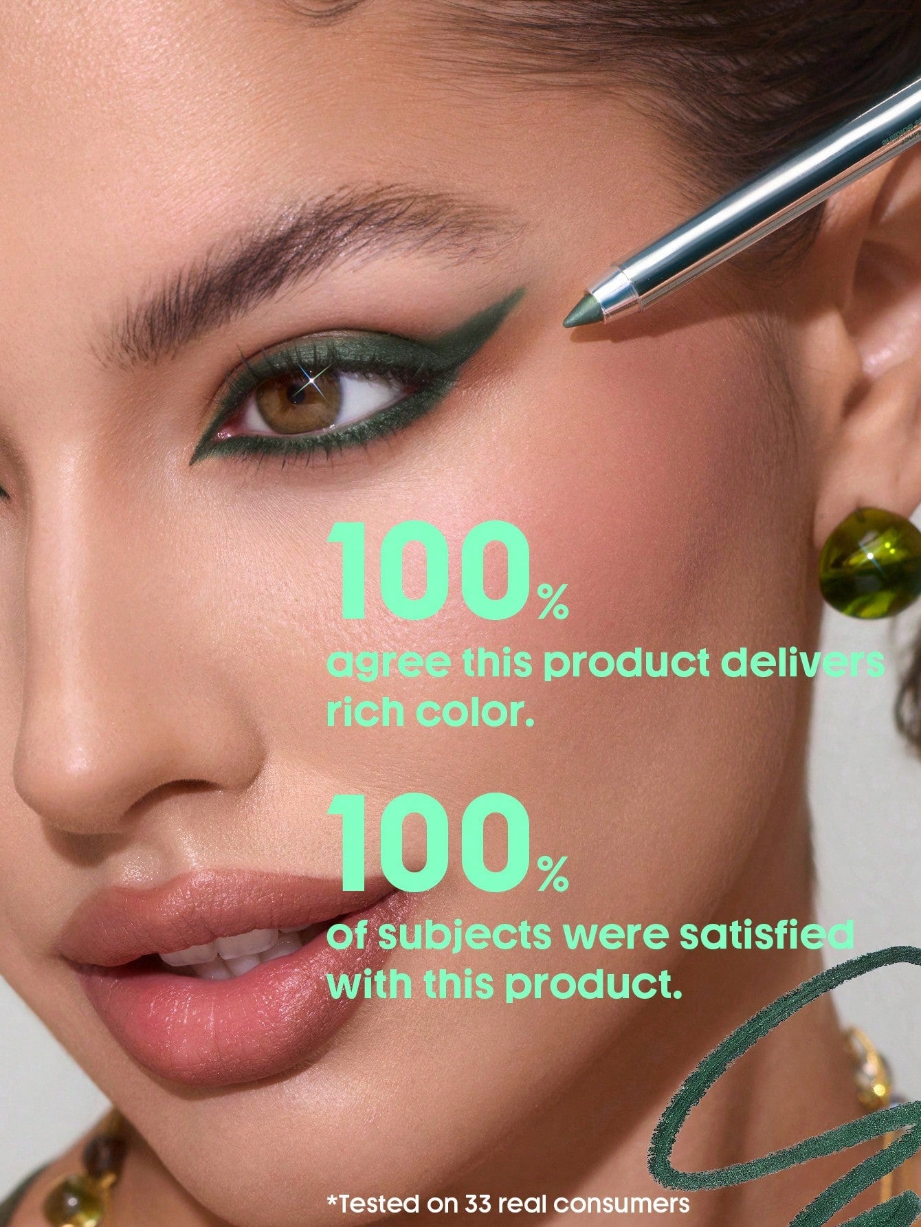 Close-up of a woman applying eyeliner with a pen, featuring text about product satisfaction.
