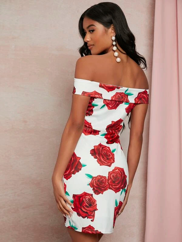 SHEIN Allover Floral Print Off Shoulder Tulip Hem Bodycon Dress