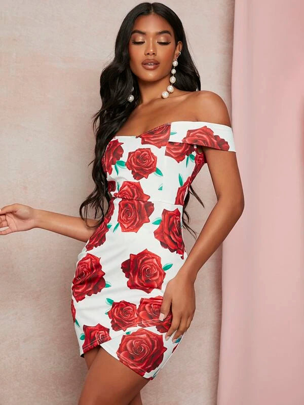 SHEIN Allover Floral Print Off Shoulder Tulip Hem Bodycon Dress