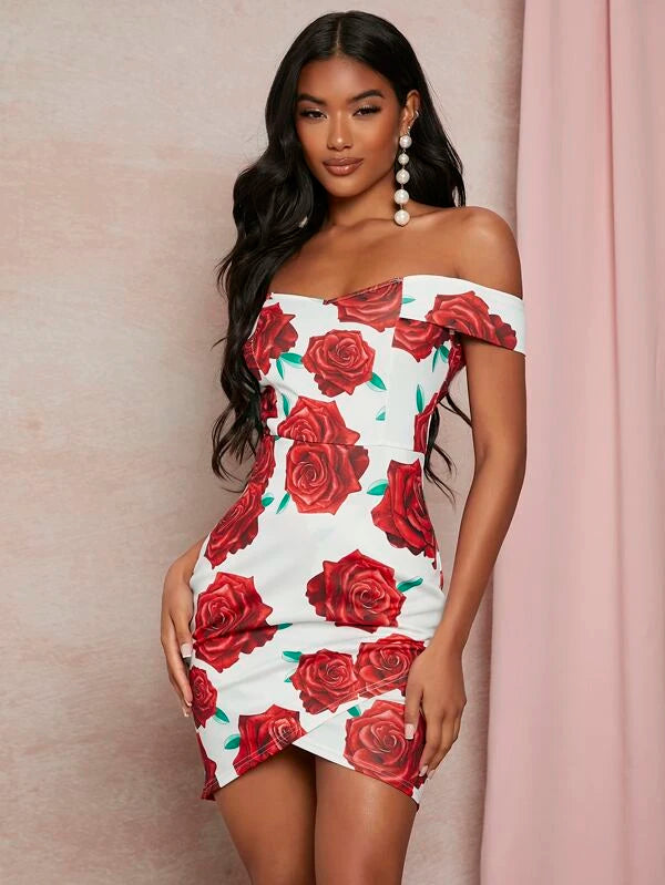 SHEIN Allover Floral Print Off Shoulder Tulip Hem Bodycon Dress