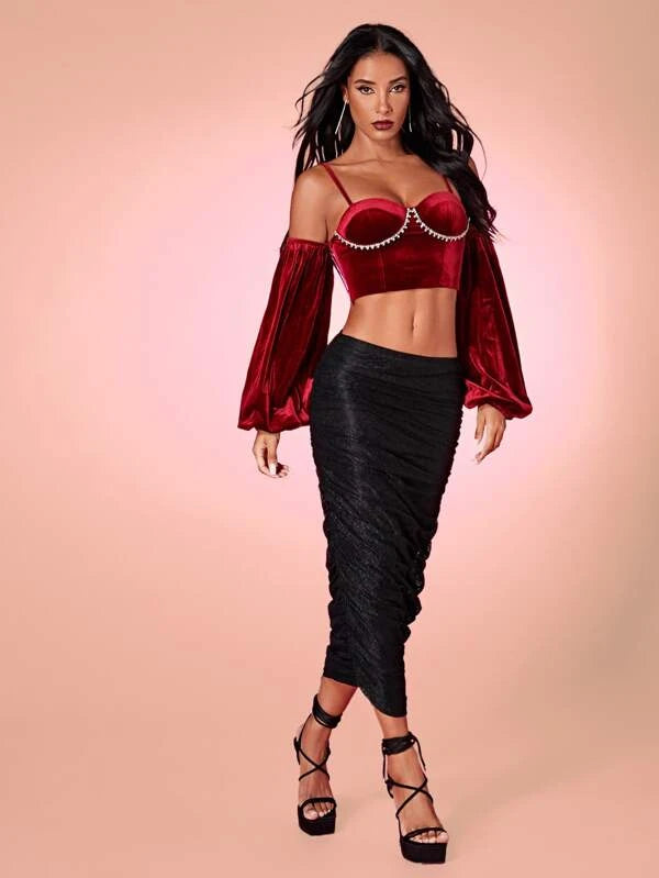 SHEIN BAE Cold Shoulder Rhinestone Detail Velvet Top