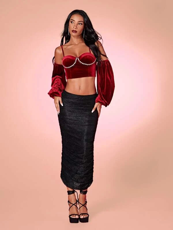 SHEIN BAE Cold Shoulder Rhinestone Detail Velvet Top