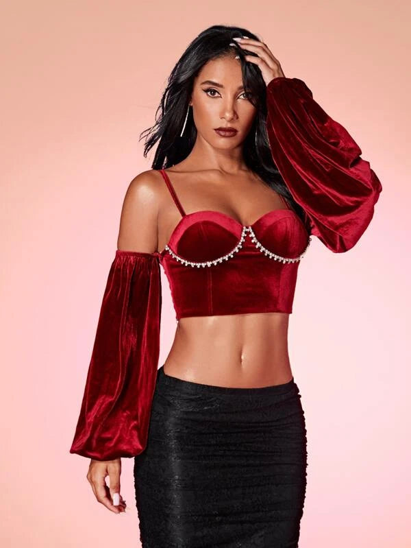 SHEIN BAE Cold Shoulder Rhinestone Detail Velvet Top