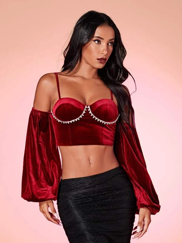 SHEIN BAE Cold Shoulder Rhinestone Detail Velvet Top