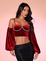 SHEIN BAE Cold Shoulder Rhinestone Detail Velvet Top