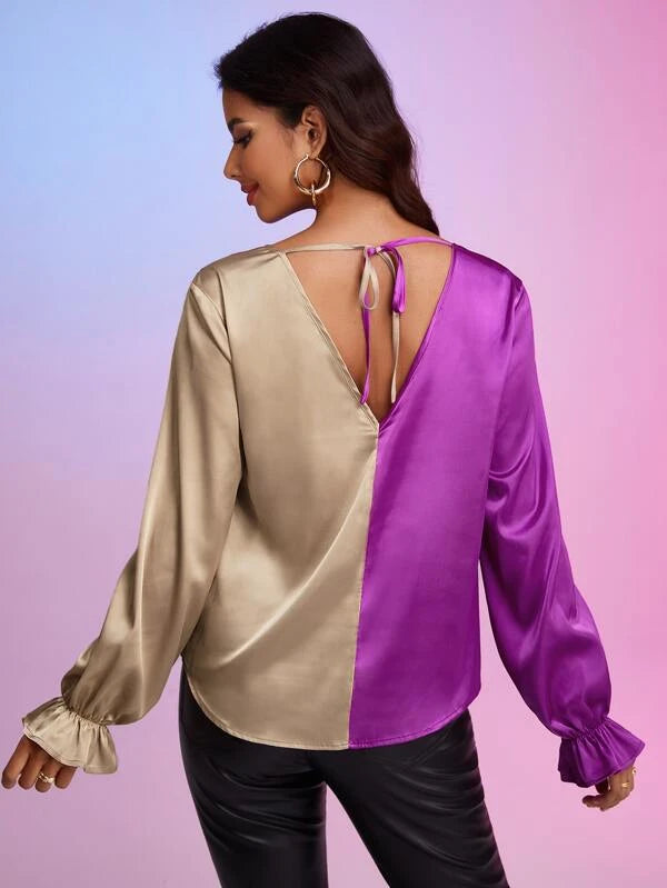 SHEIN BAE Colorblock Flounce Sleeve Satin Blouse