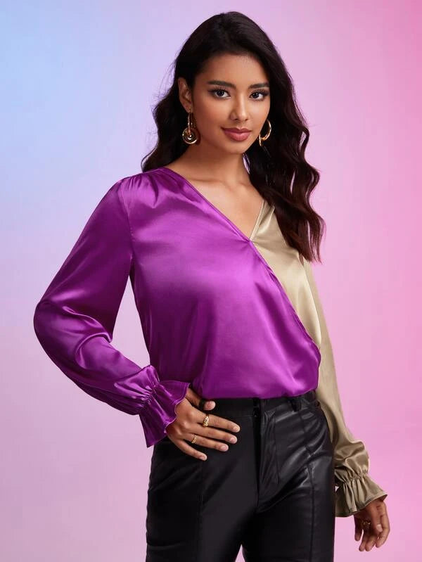 SHEIN BAE Colorblock Flounce Sleeve Satin Blouse