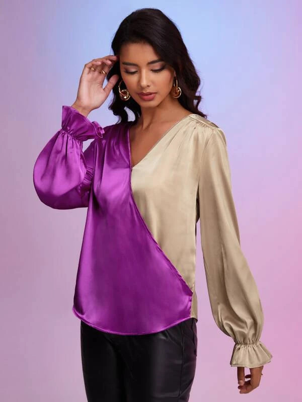 SHEIN BAE Colorblock Flounce Sleeve Satin Blouse