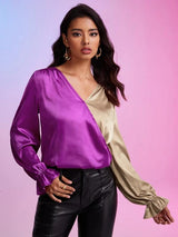SHEIN BAE Colorblock Flounce Sleeve Satin Blouse