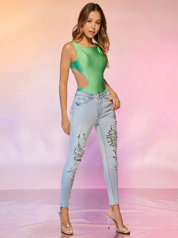 SHEIN BAE Cut Out Waist Solid Bodysuit
