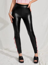 SHEIN  Bow Side Split Hem PU Leather Skinny Pants