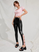 SHEIN  Bow Side Split Hem PU Leather Skinny Pants