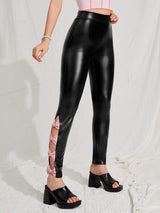 SHEIN Bow Side Split Hem PU Leather Skinny Pants