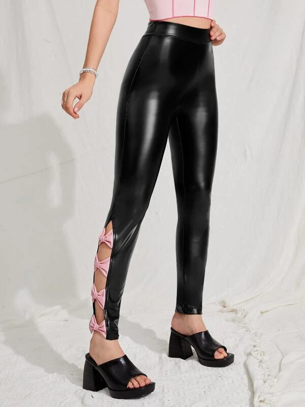 SHEIN Bow Side Split Hem PU Leather Skinny Pants