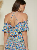 SHEIN Cold Shoulder Ruffle Trim Ditsy Floral Top