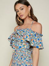 SHEIN Cold Shoulder Ruffle Trim Ditsy Floral Top