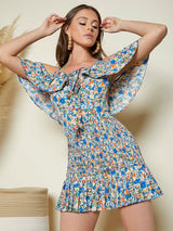 SHEIN Cold Shoulder Ruffle Trim Ditsy Floral Top