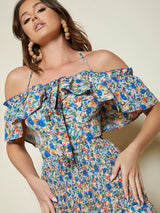 SHEIN Cold Shoulder Ruffle Trim Ditsy Floral Top