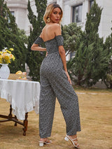 SHEIN  Ditsy Floral Bardot Shirred Wide Leg Jumpsuit