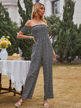 SHEIN  Ditsy Floral Bardot Shirred Wide Leg Jumpsuit