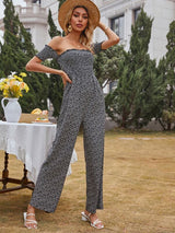 SHEIN Ditsy Floral Bardot Shirred Wide Leg Jumpsuit