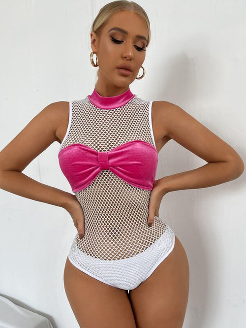SHEIN Fishnet Insert Velvet Bodysuit Without Panty