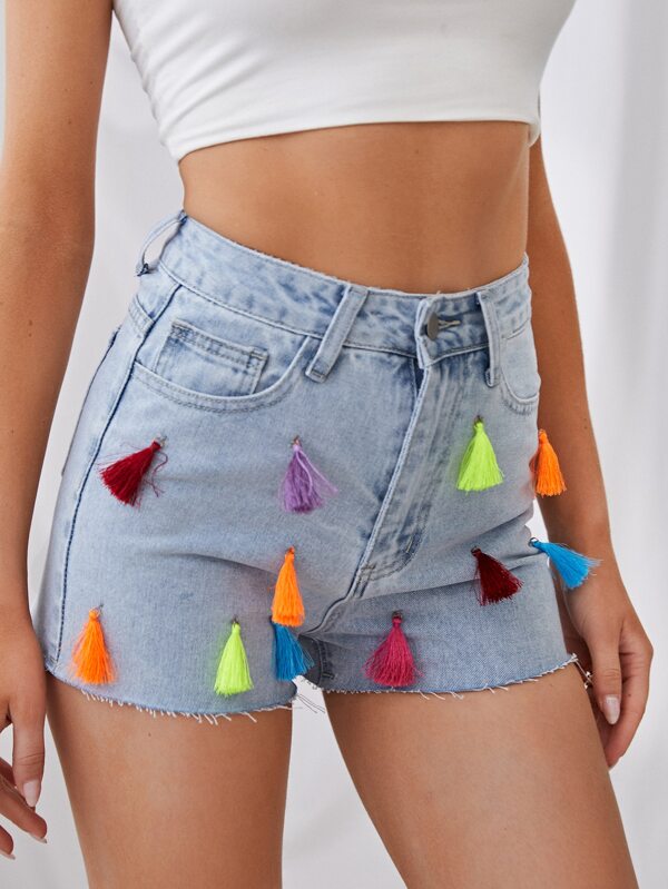 SHEIN Fringe Trim Slant Pocket Denim Shorts