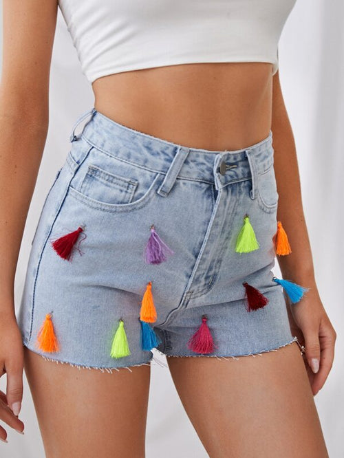 SHEIN Fringe Trim Slant Pocket Denim Shorts