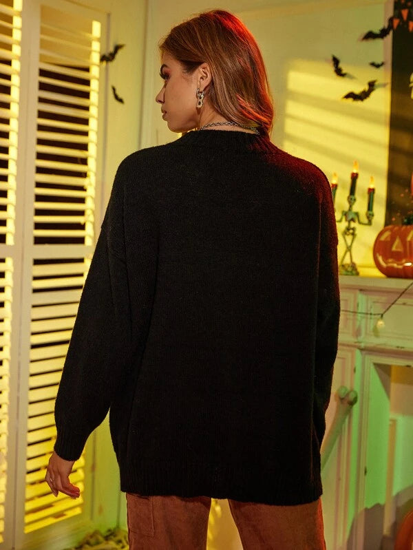 SHEIN Halloween Wizard And Letter Pattern Drop Shoulder Sweater - view 2