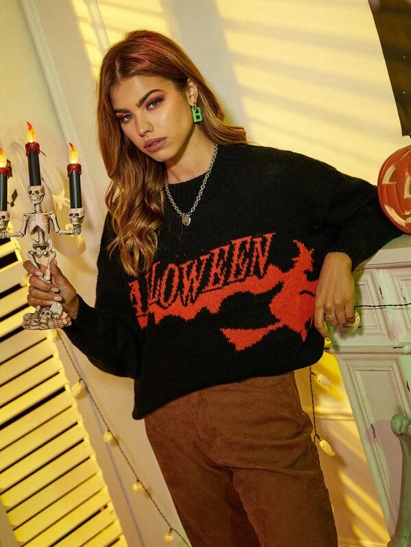 SHEIN  Halloween Wizard And Letter Pattern Drop Shoulder Sweater