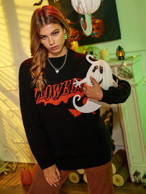 SHEIN  Halloween Wizard And Letter Pattern Drop Shoulder Sweater