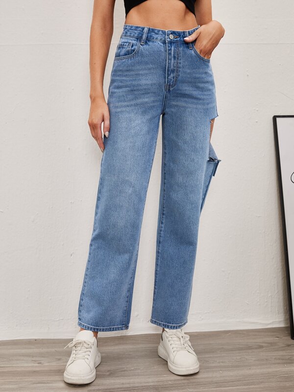 SHEIN High Waist Ripped Straight Jeans