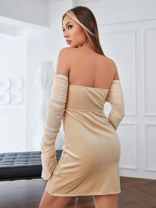 SHEIN ICON Off Shoulder Ruched Split Hem Bodycon Dress