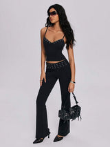 SHEIN Metal Eyelet Decor High Waist Flare Pants, Slimming & Elongating Design