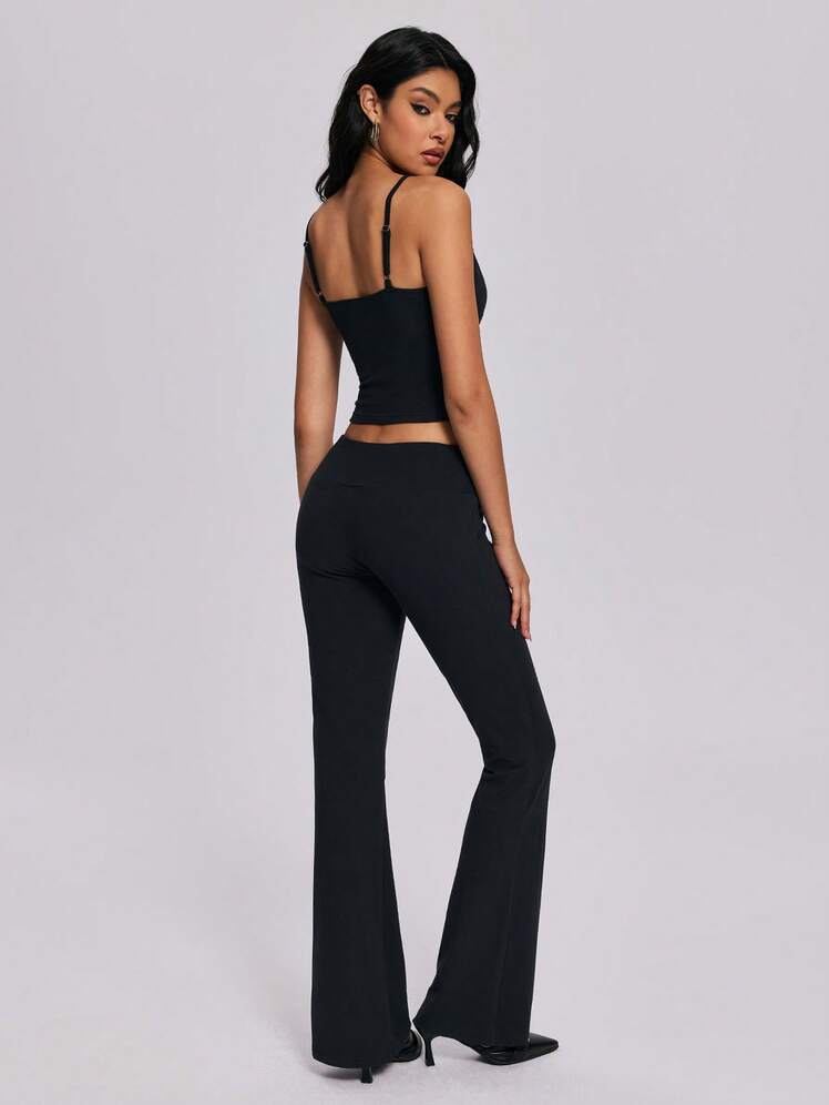 SHEIN Metal Eyelet Decor High Waist Flare Pants, Slimming & Elongating Design