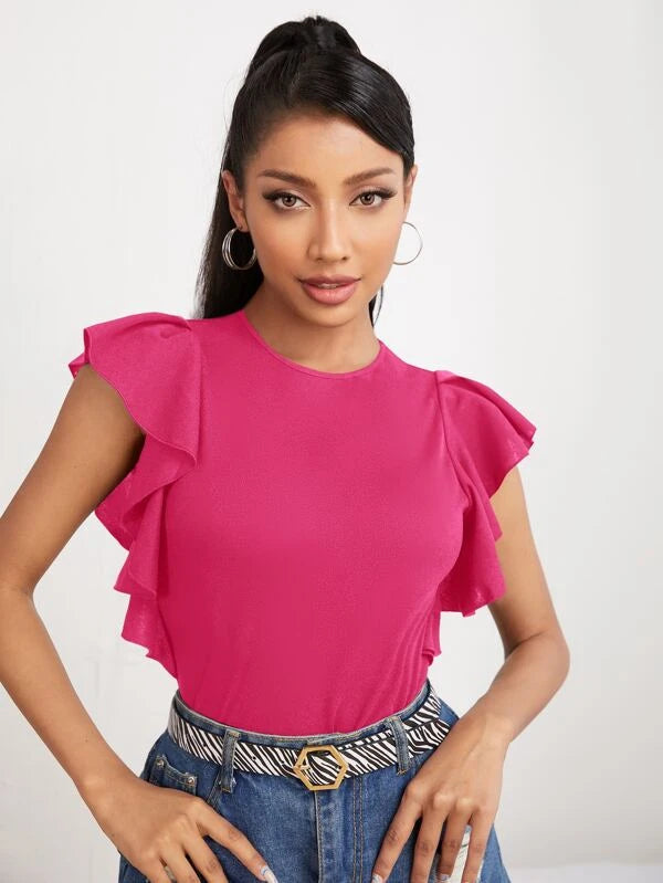 SHEIN PETITE Solid Ruffle Trim Tee